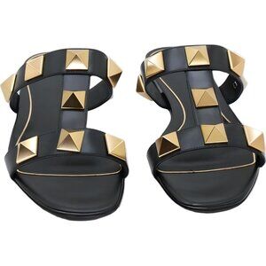 Valentino Garavani Roman Stud Slide Sandals Black Gold Accents Women's EU 36.5